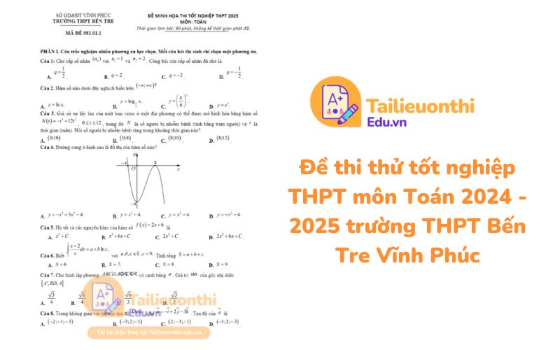 Đề thi thử tốt nghiệp THPT môn Toán 2024 - 2025 trường THPT Bến Tre Vĩnh Phúc